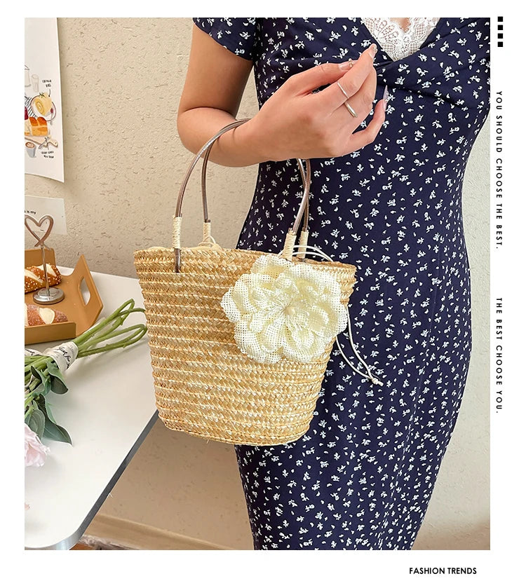 Simple Design Straw Handbags For Women Handmade Telescopic design   Comfortable handbag Summer fashion Pack Bucket Bag