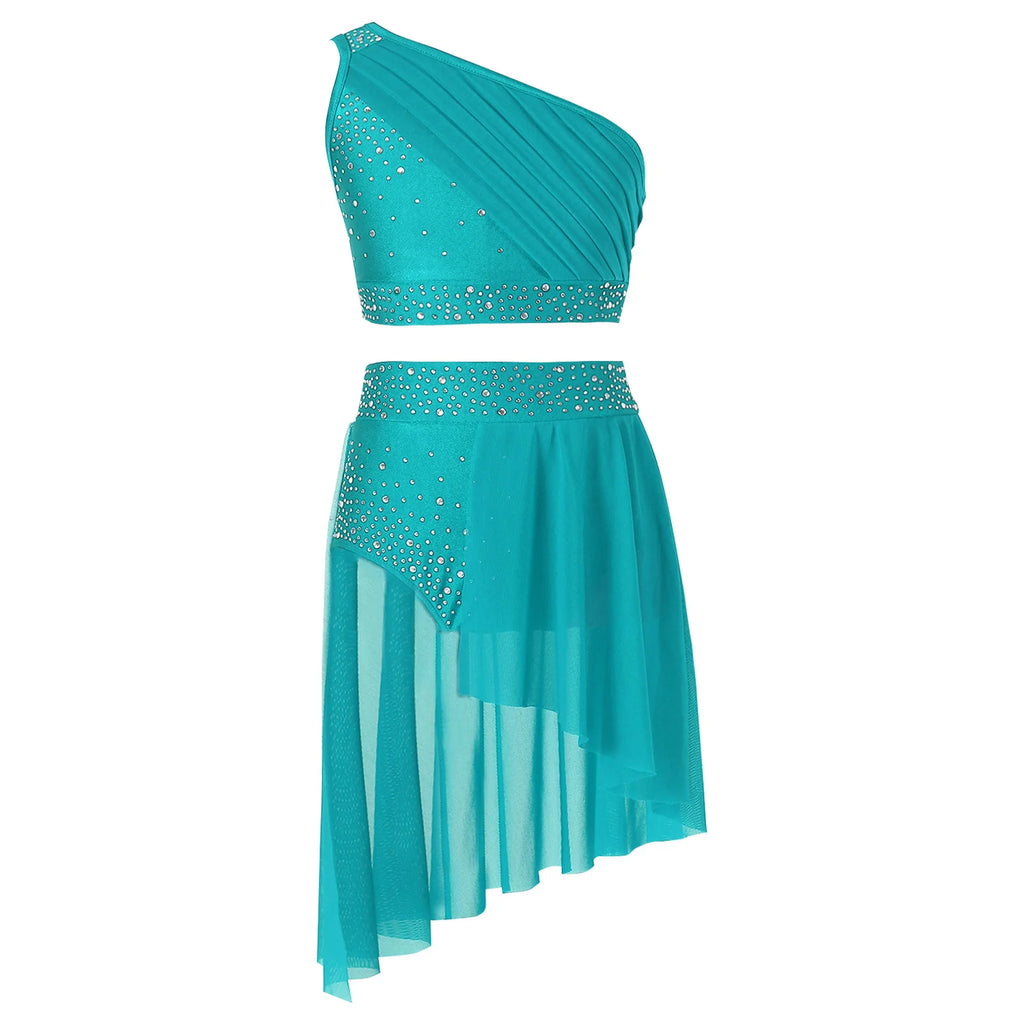 Teen Girls Modern Lyrical Dance Performance Outfit One Shoulder Crop Top with Leotard Skirt for Jazz Skating Ballet Gymnastics