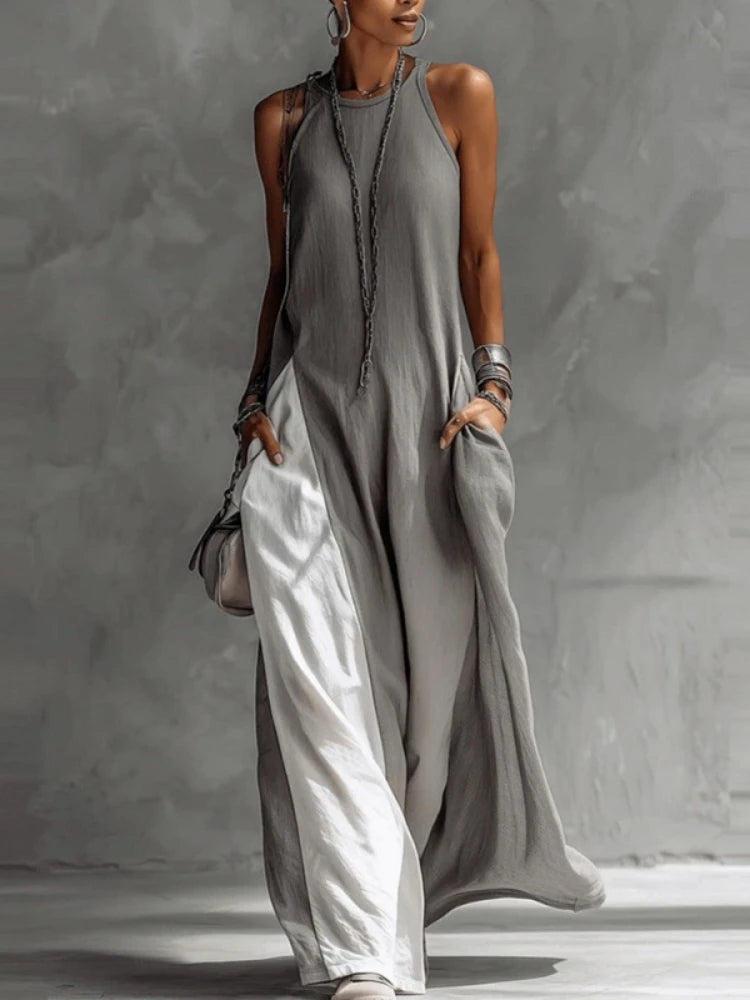 Women Strappy Maxi Dress A-line Vest Type Color Block Summer Beach Dress Loose Casual Halter Neck Pocket Side Split Long Dresses