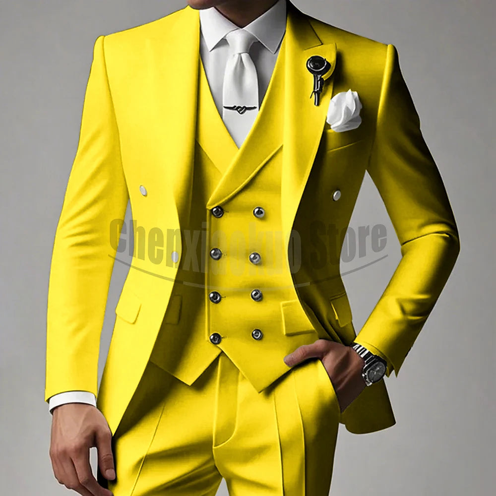 White Men Suits 3 Piece High-end Peak Lapel Solid Color Male Suit Slim Fashion Party Groom Wedding Tuxedos (Blazer+Vest+Pants)