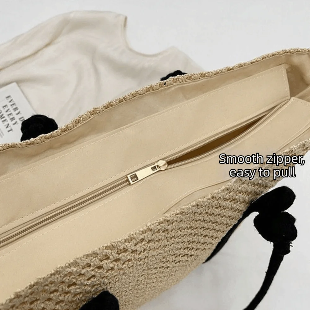 Handmade Straw Woven Bags Large Capacity Zipper Closure Beach Handbags Top-Handle Solid Color Women's Shoulder Bags