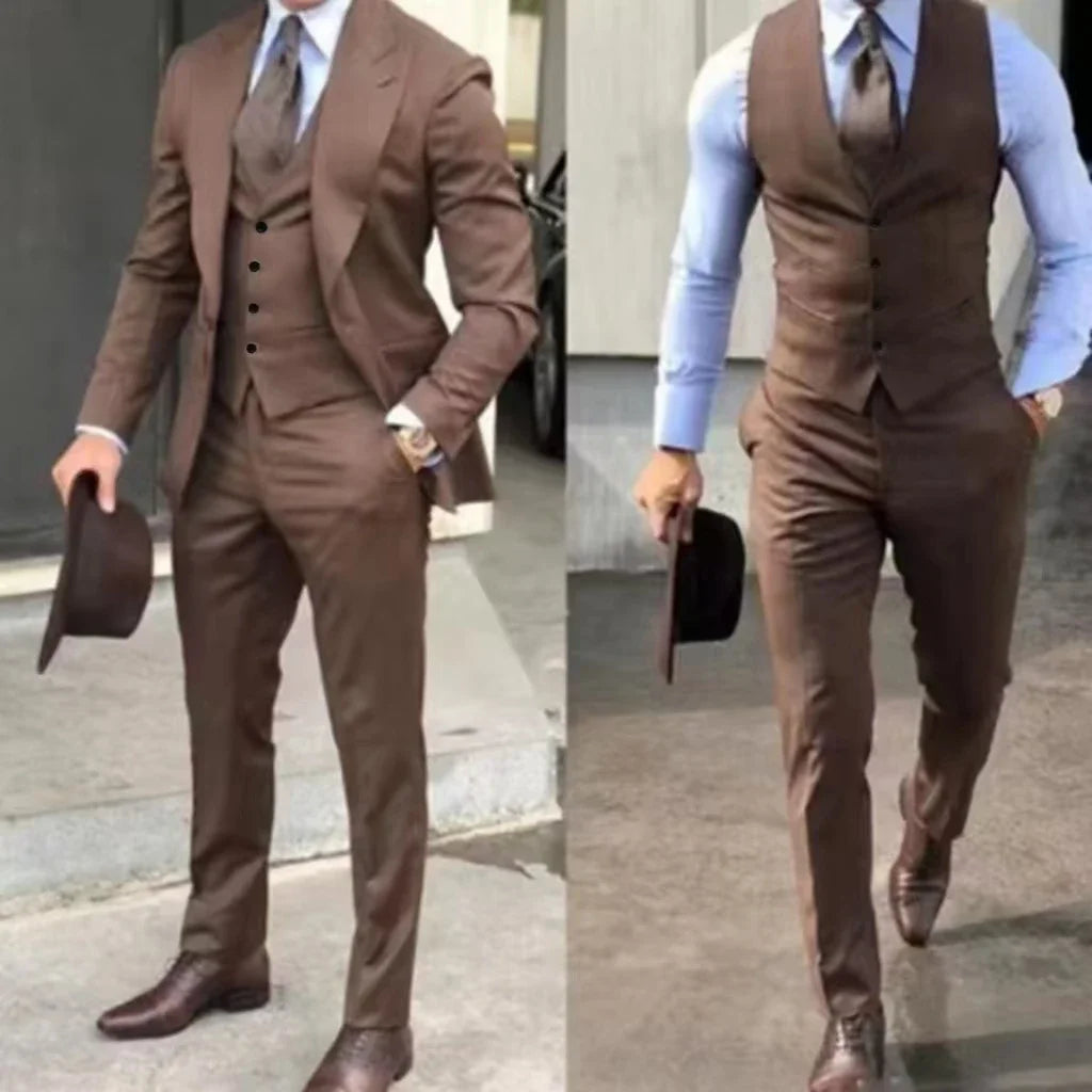 Men's 3-Piece Slim Fit Tuxedo Suits for Wedding Peaked Lapel Groomsmen Blazer Pant Vest Set Business Dress Code