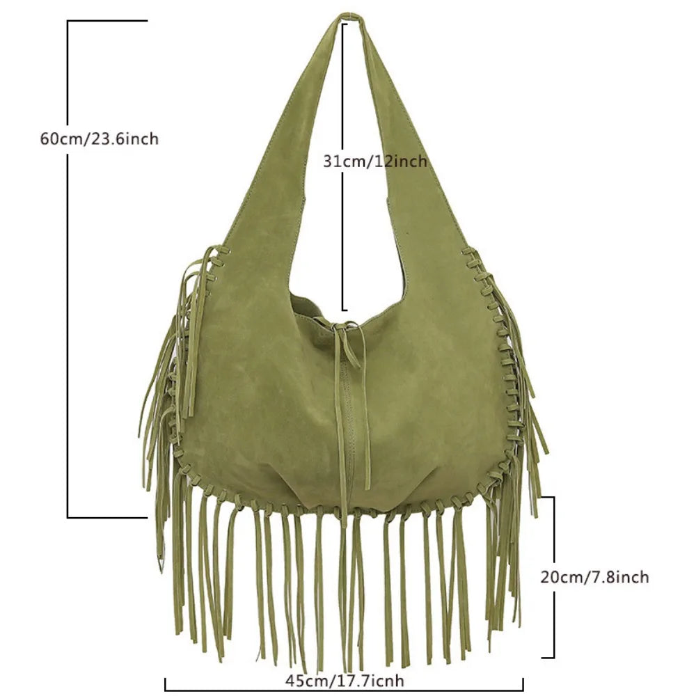 Tassel Crossbody Bag For Women Large Capacity Shoulder Bags Commuter Suede Travel Handbags Solid Color Purse Handbags