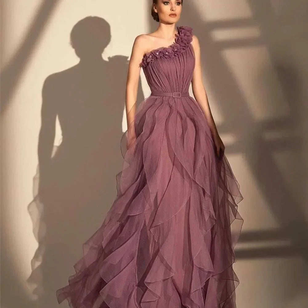 Customized Romantic Prom Dresses One-Shoulder 3D Appliques Pleat Ruffle Sleeveless Exquisite High Quality Party Gown for Women