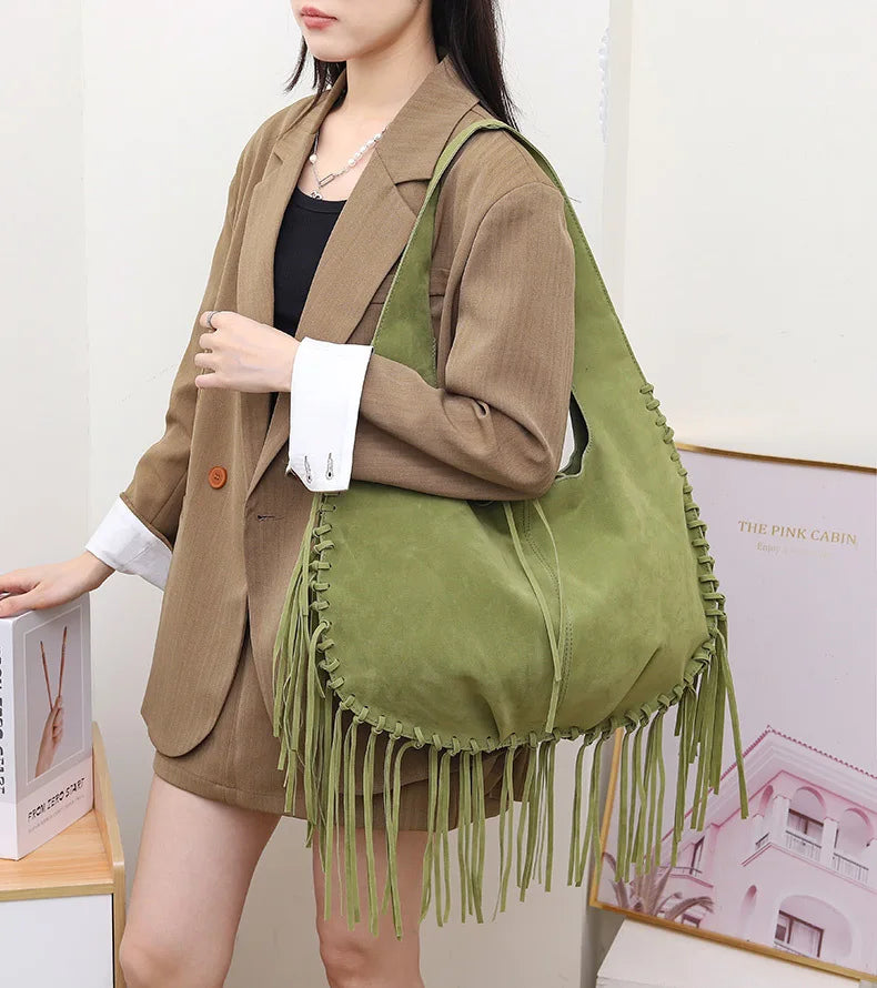 Tassel Crossbody Bag For Women Large Capacity Shoulder Bags Commuter Suede Travel Handbags Solid Color Purse Handbags