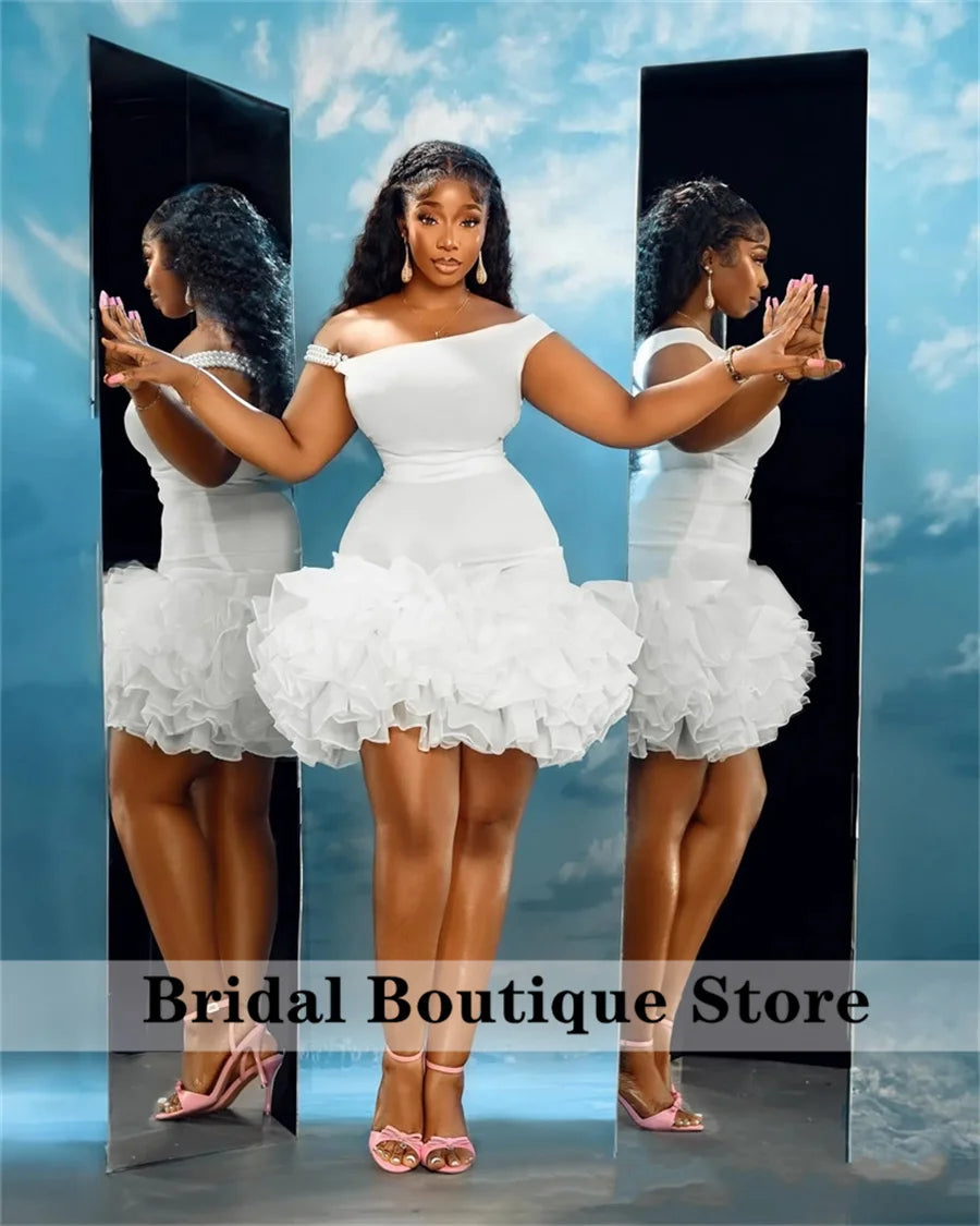 Sexy White Short Prom Dress For Black Girls Ruffles Pearls Off Shoulder Homecoming Gown Birthday Party Customized 