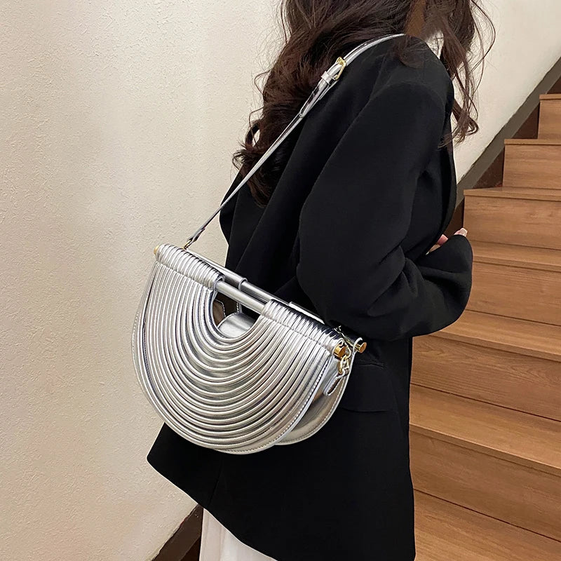 Handbags for Women. New Gold Luxury Designer Brand Handwoven Noodle Bags Rope Knotted Pulled Half Moon Silver Evening Clutch