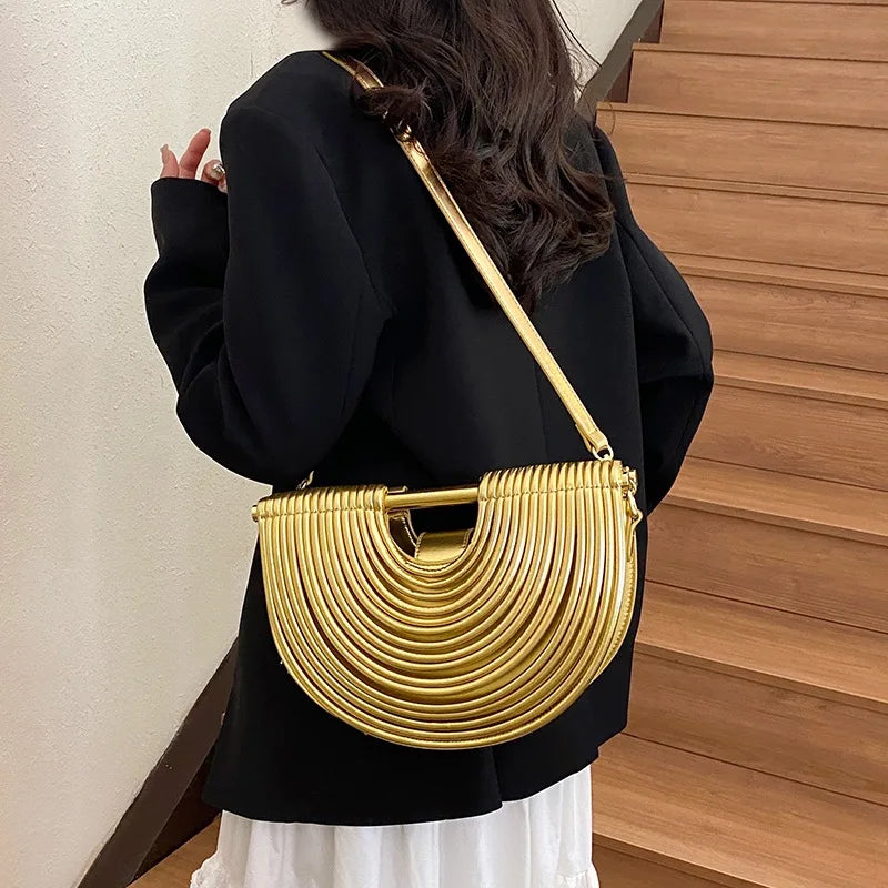 Handbags for Women. New Gold Luxury Designer Brand Handwoven Noodle Bags Rope Knotted Pulled Half Moon Silver Evening Clutch