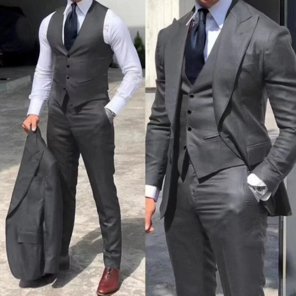 Men's 3-Piece Slim Fit Tuxedo Suits for Wedding Peaked Lapel Groomsmen Blazer Pant Vest Set Business Dress Code