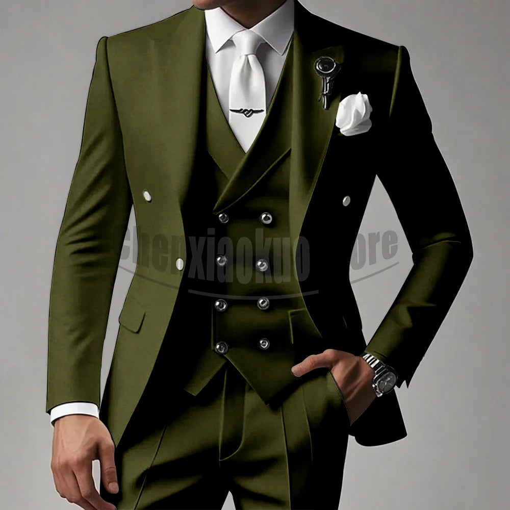 White Men Suits 3 Piece High-end Peak Lapel Solid Color Male Suit Slim Fashion Party Groom Wedding Tuxedos (Blazer+Vest+Pants)