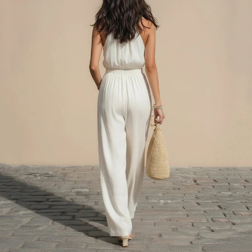 Women's Casual Faux Linen Blend Halter Jumpsuit 2026 New Elegant Solid Color Loose Pants Vacation Outfits With Pockets Jumpsuits