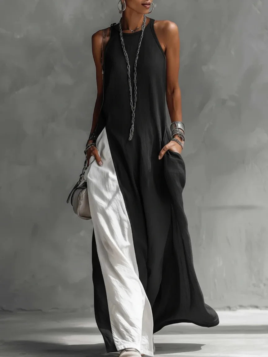 New women’s clothing: sleeveless, loose-fitting, color-blocked, casual, off-the-shoulder dress.