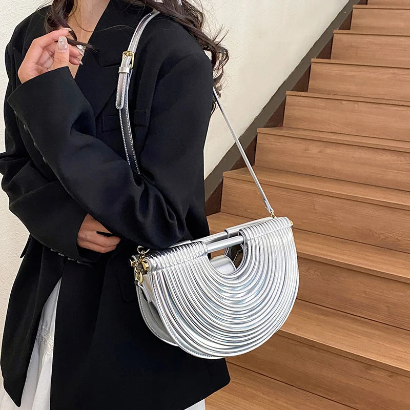 Handbags for Women. New Gold Luxury Designer Brand Handwoven Noodle Bags Rope Knotted Pulled Half Moon Silver Evening Clutch