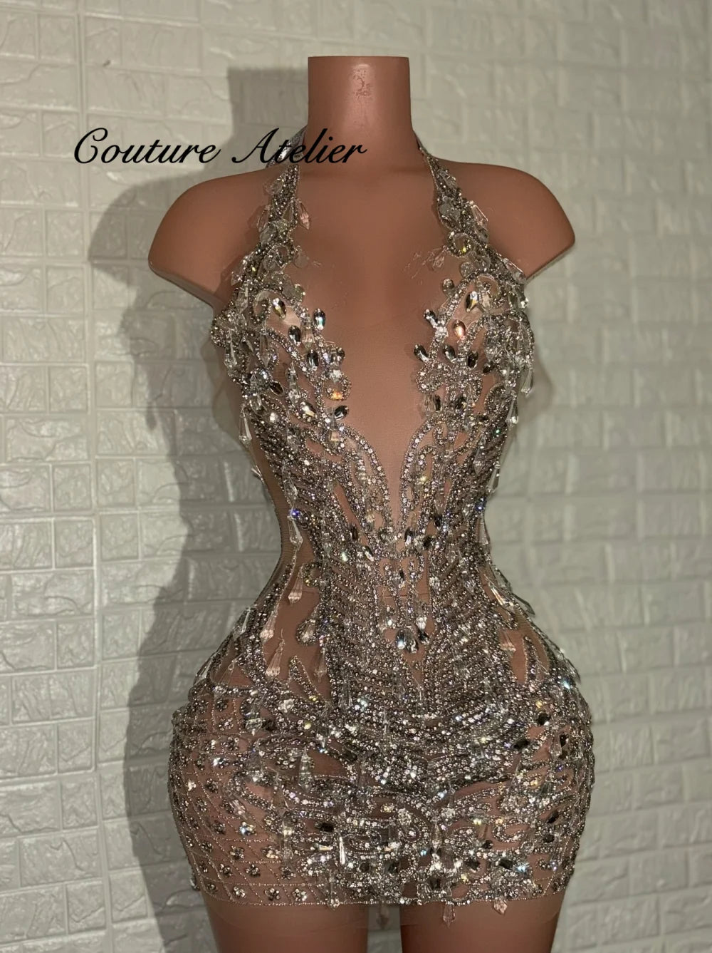 Silver Prom Dresses 2026 Black Girls Halter Beaded Rhinestones Mini Cocktail Dress African Birthday Party Gowns Customized