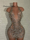 Silver Prom Dresses 2026 Black Girls Halter Beaded Rhinestones Mini Cocktail Dress African Birthday Party Gowns Customized