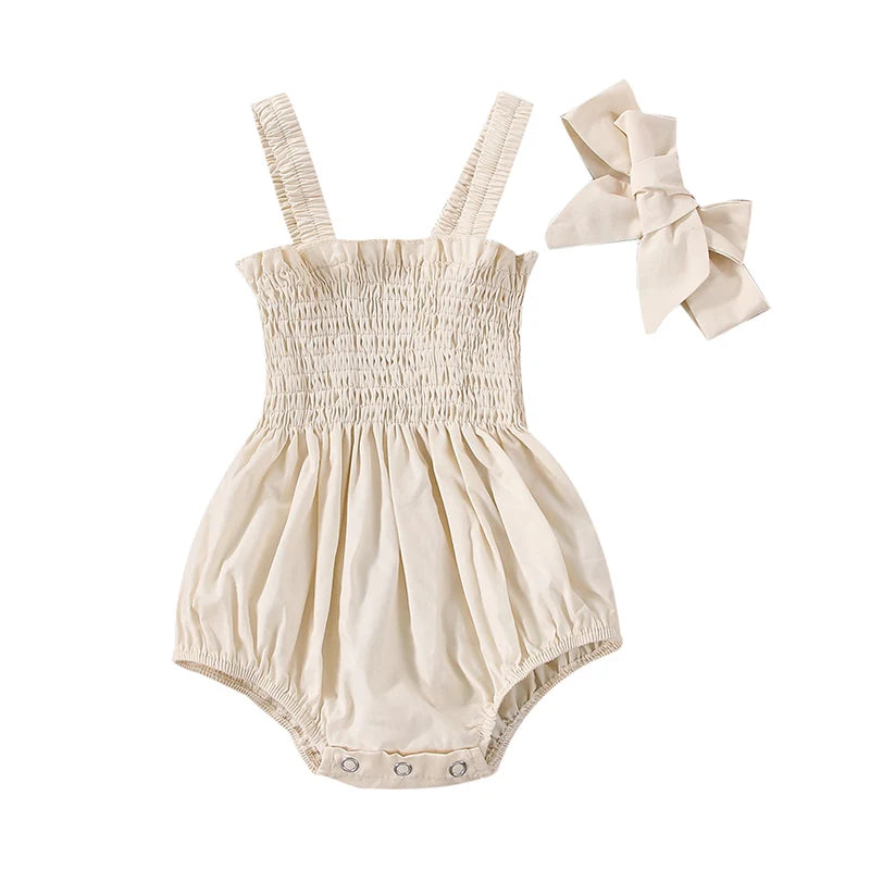 Newborn Baby Girl Romper Sleeveless Ruched Bodysuit Jumpsuit with Headband Infant Summer Baby Girls Clothes Outfits