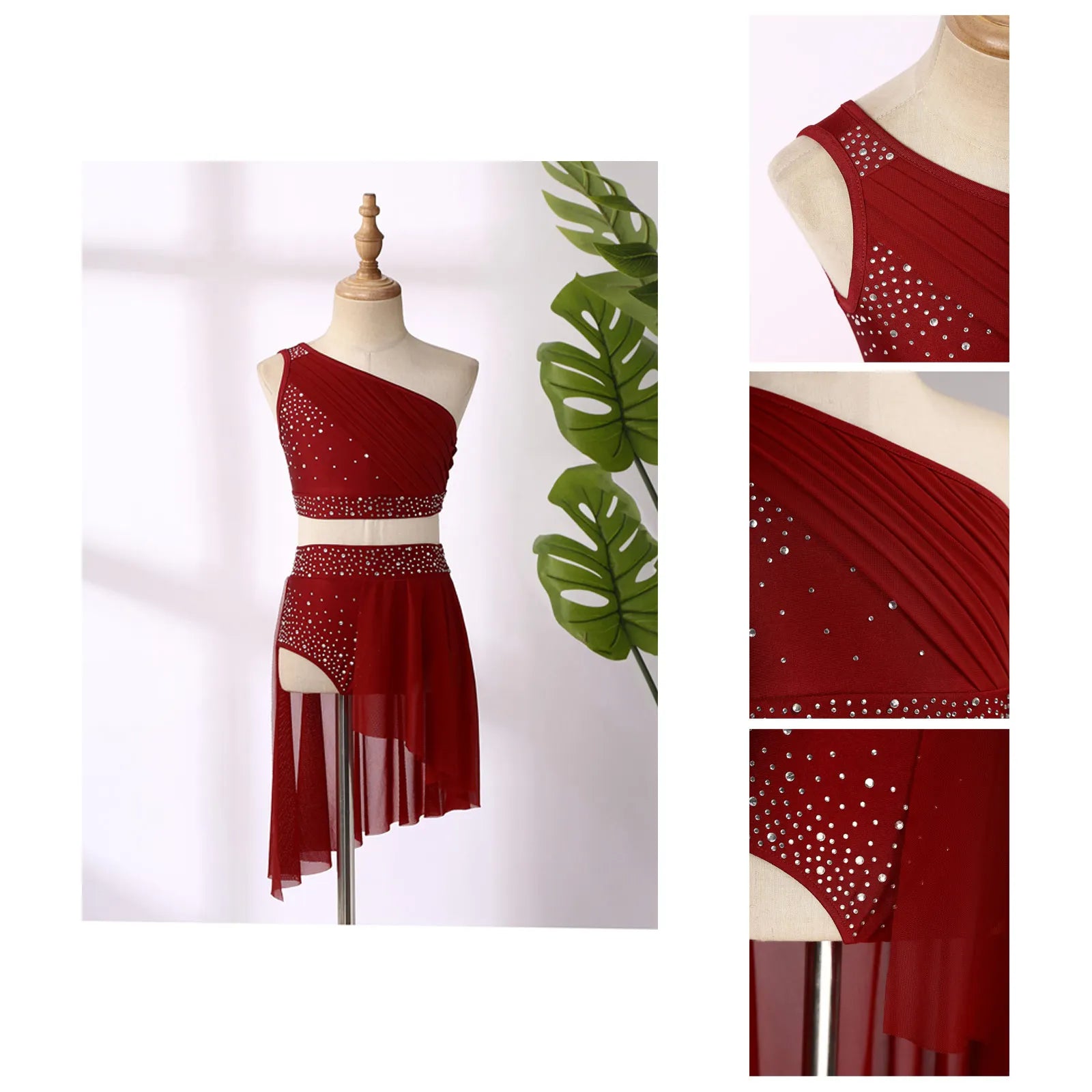 Teen Girls Modern Lyrical Dance Performance Outfit One Shoulder Crop Top with Leotard Skirt for Jazz Skating Ballet Gymnastics