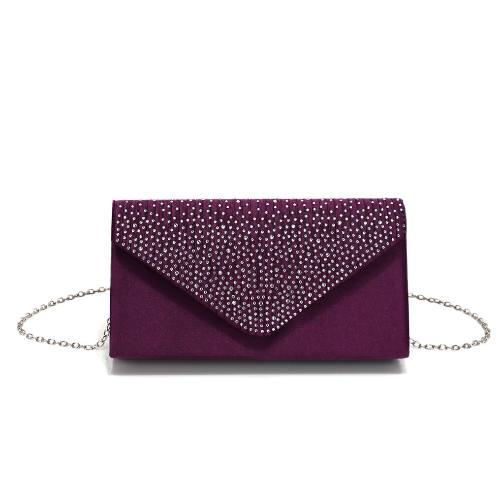 Rhinestones Women Evening Bags Small Envelope Design Handbags Satin Shoulder Chain Handbags Glitter Purple Color Cocktail Purse