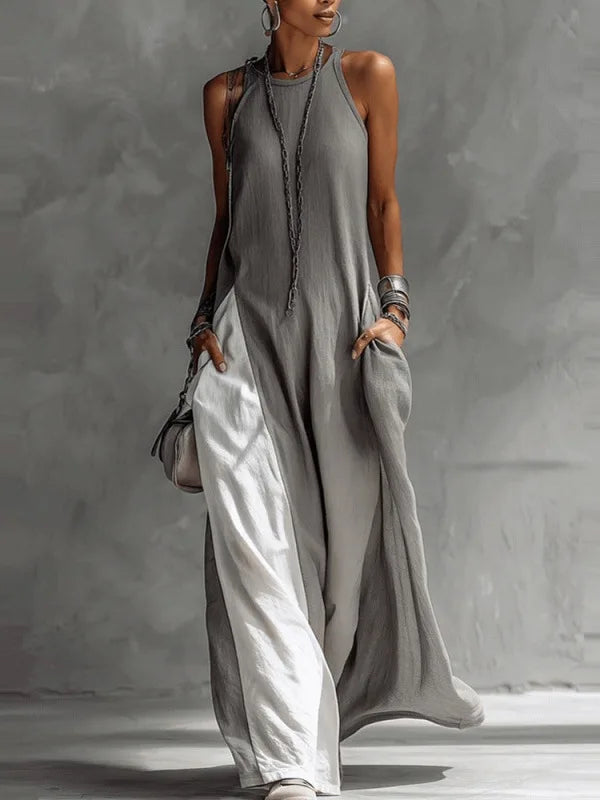 Women Strappy Maxi Dress A-line Vest Type Color Block Summer Beach Dress Loose Casual Halter Neck Pocket Side Split Long Dresses