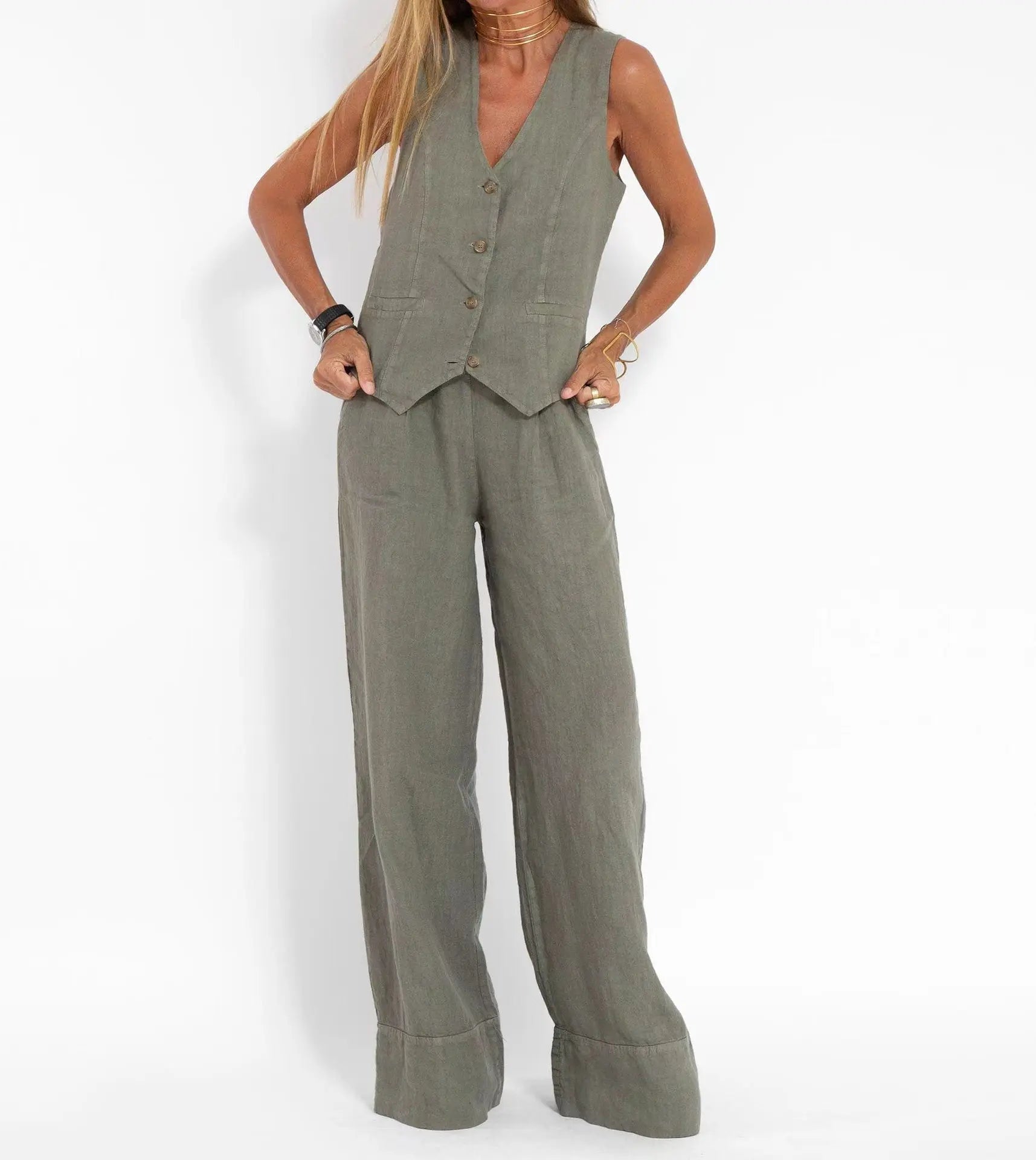 2025 New Women Vest Top + Trousers Patchwork Cotton Linen Casual Suit Summer Solid Women Vest Top + Wide Leg Pants Two Peice Set