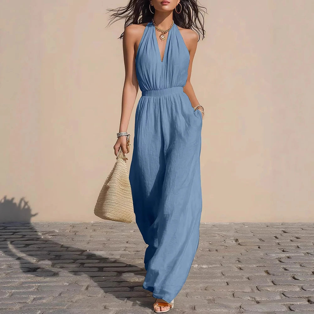 Women's Casual Faux Linen Blend Halter Jumpsuit 2026 New Elegant Solid Color Loose Pants Vacation Outfits With Pockets Jumpsuits