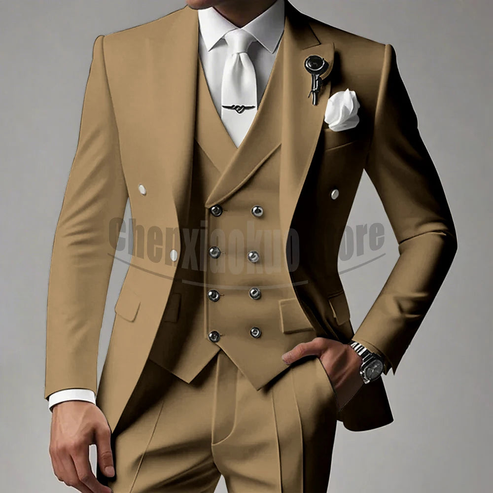 White Men Suits 3 Piece High-end Peak Lapel Solid Color Male Suit Slim Fashion Party Groom Wedding Tuxedos (Blazer+Vest+Pants)