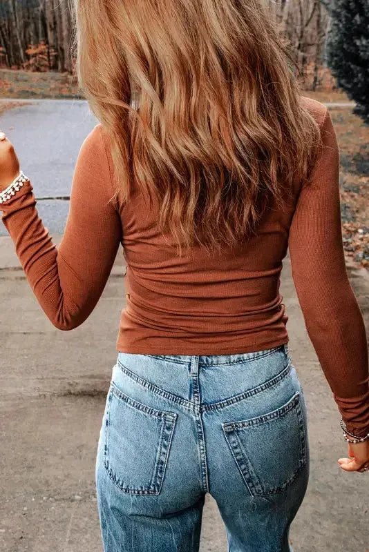 Brown Ribbed Peekaboo Cutout Long Sleeve Top - Vintress Fashion