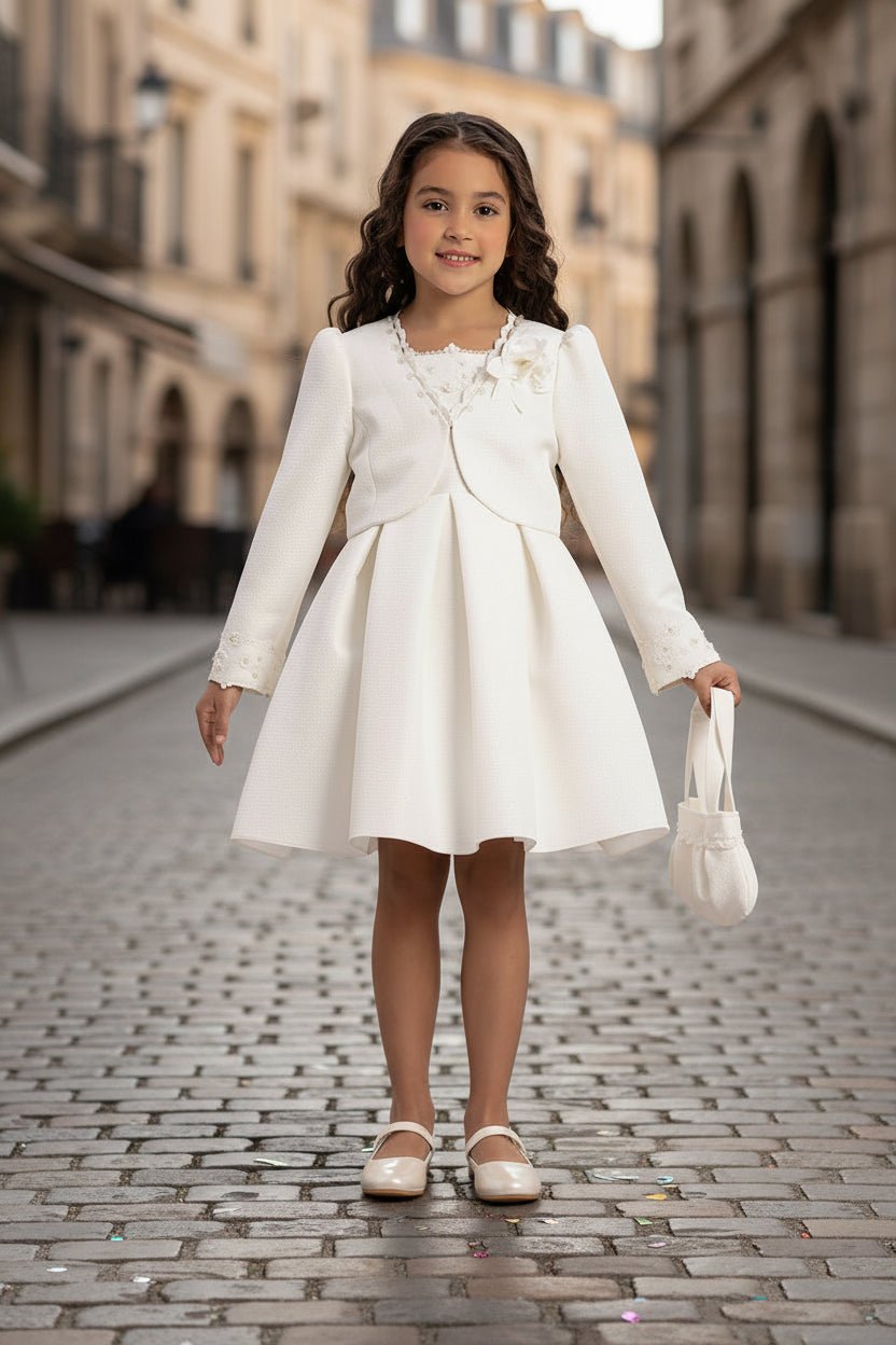 DRESS & Fleur Girls Dress with Bolero and Matching Bag in White - Vintress Fashion