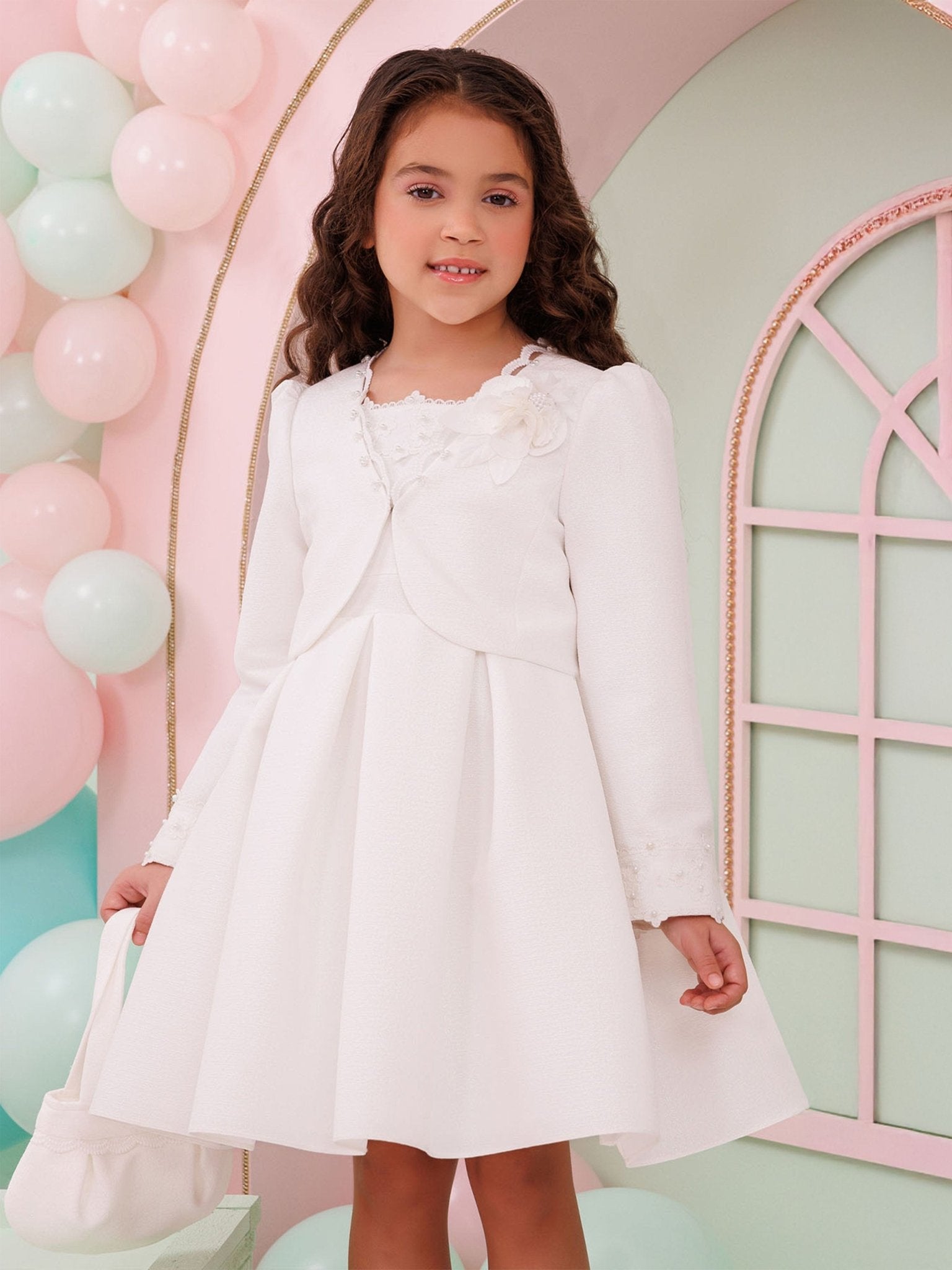DRESS & Fleur Girls Dress with Bolero and Matching Bag in White - Vintress Fashion