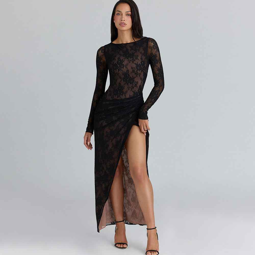 Elegant Sheer Slit Long Lace Dress - Vintress Fashion