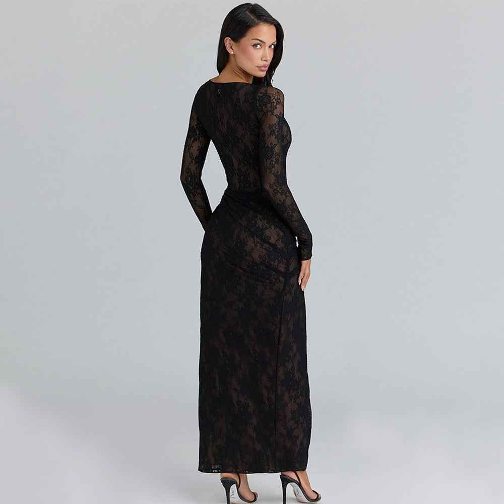 Elegant Sheer Slit Long Lace Dress - Vintress Fashion