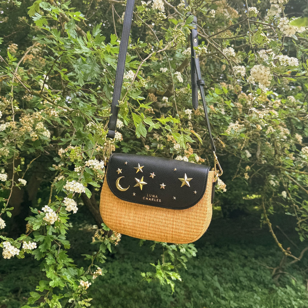 Elena Star Studded Rattan Handbag - Black & Gold - Vintress Fashion