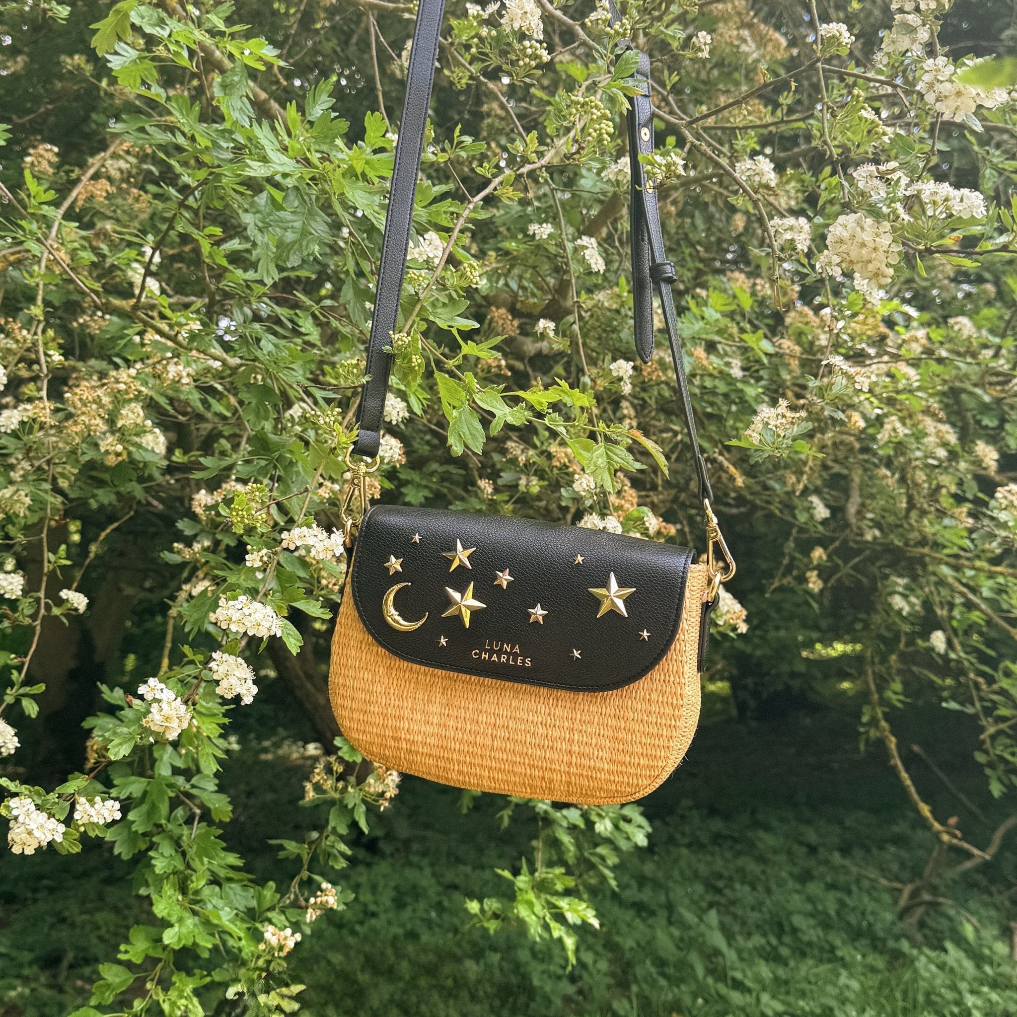 Elena Star Studded Rattan Handbag - Black & Gold - Vintress Fashion