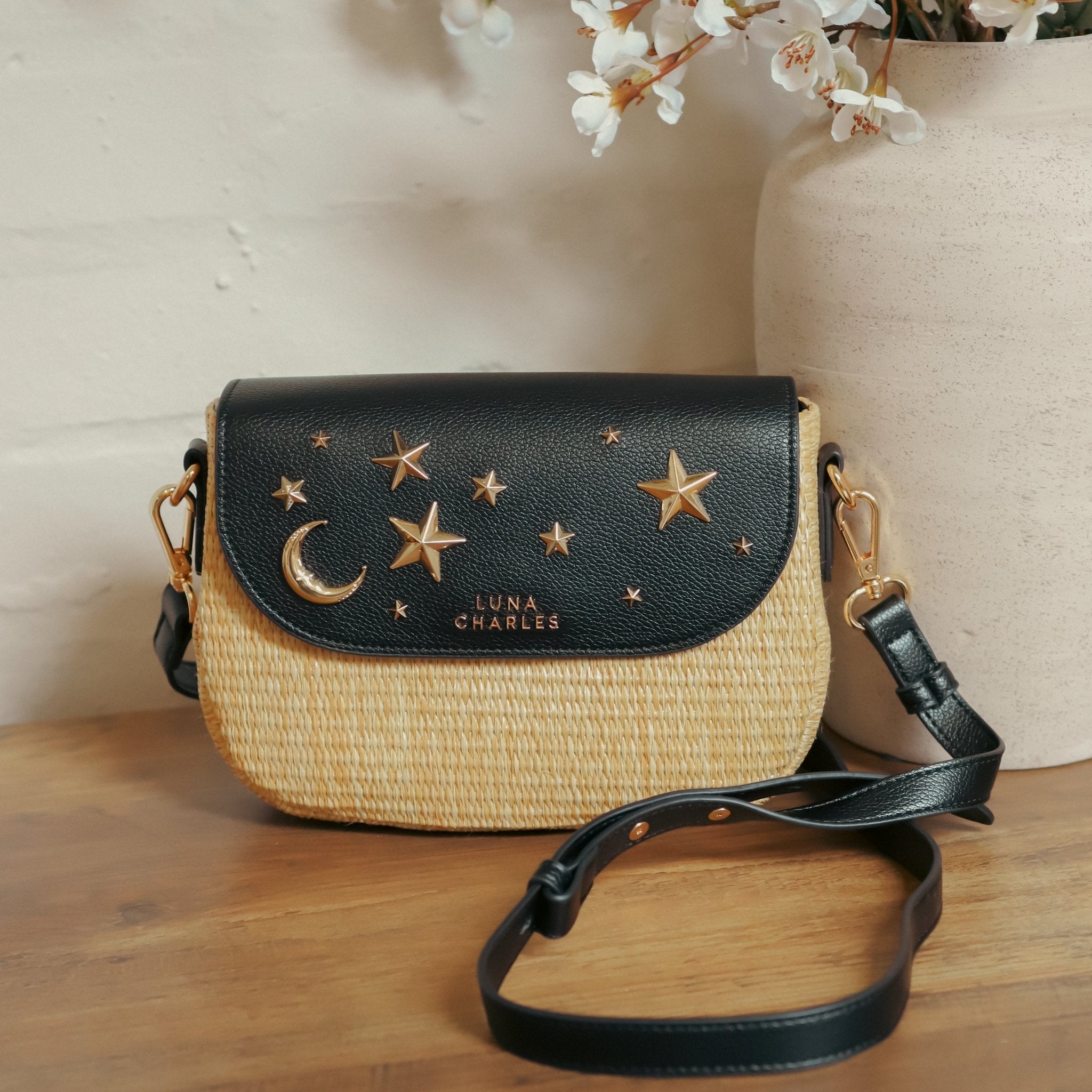 Elena Star Studded Rattan Handbag - Black & Gold - Vintress Fashion