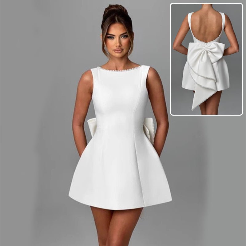 Fashion Big-Bowed Pearls Backless Dress Summer Slim Sleeveless A-line Dresses  - Vintress Fashion