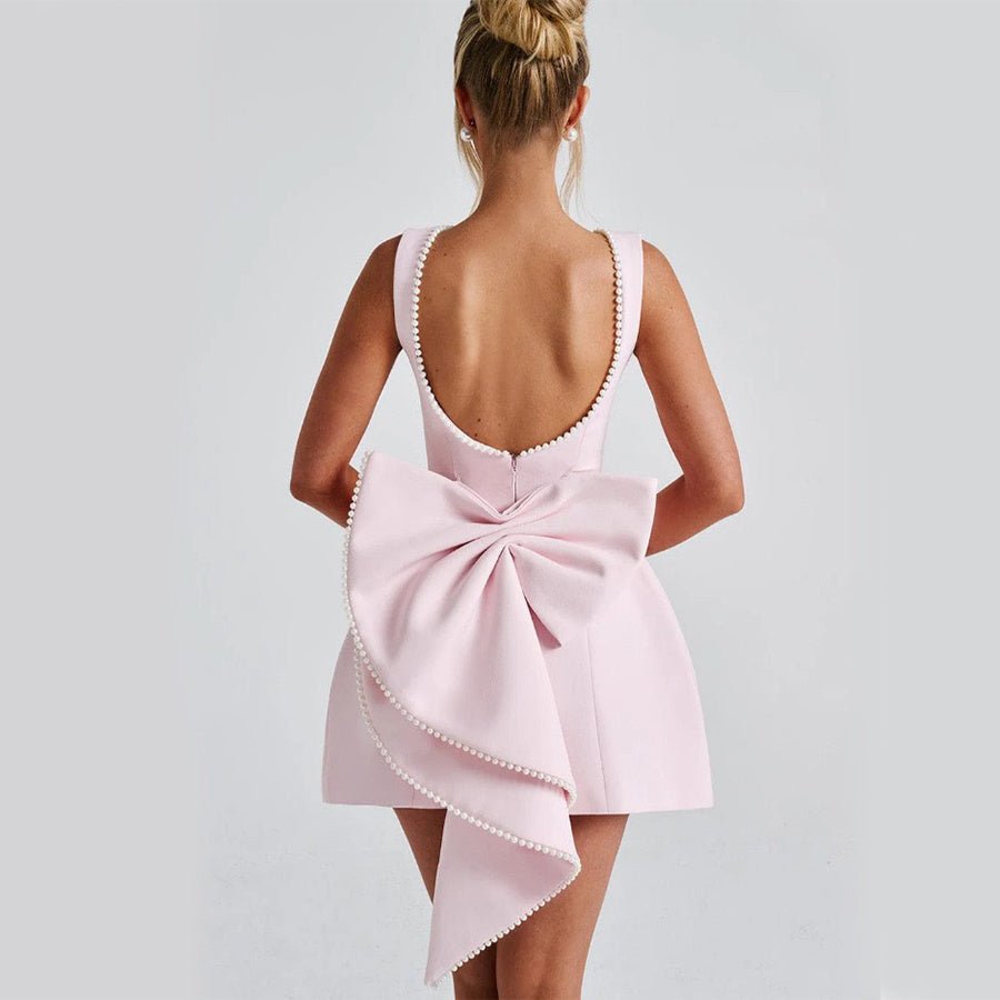 Fashion Big-Bowed Pearls Backless Dress Summer Slim Sleeveless A-line Dresses  - Vintress Fashion
