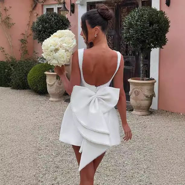 Fashion Big-Bowed Pearls Backless Dress Summer Slim Sleeveless A-line Dresses For Party Evening Women's Clothing - Vintress Fashion