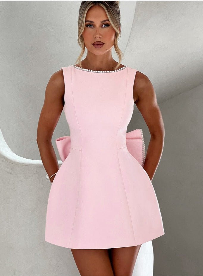 Fashion Big-Bowed Pearls Backless Dress Summer Slim Sleeveless A-line Dresses - Vintress Fashion