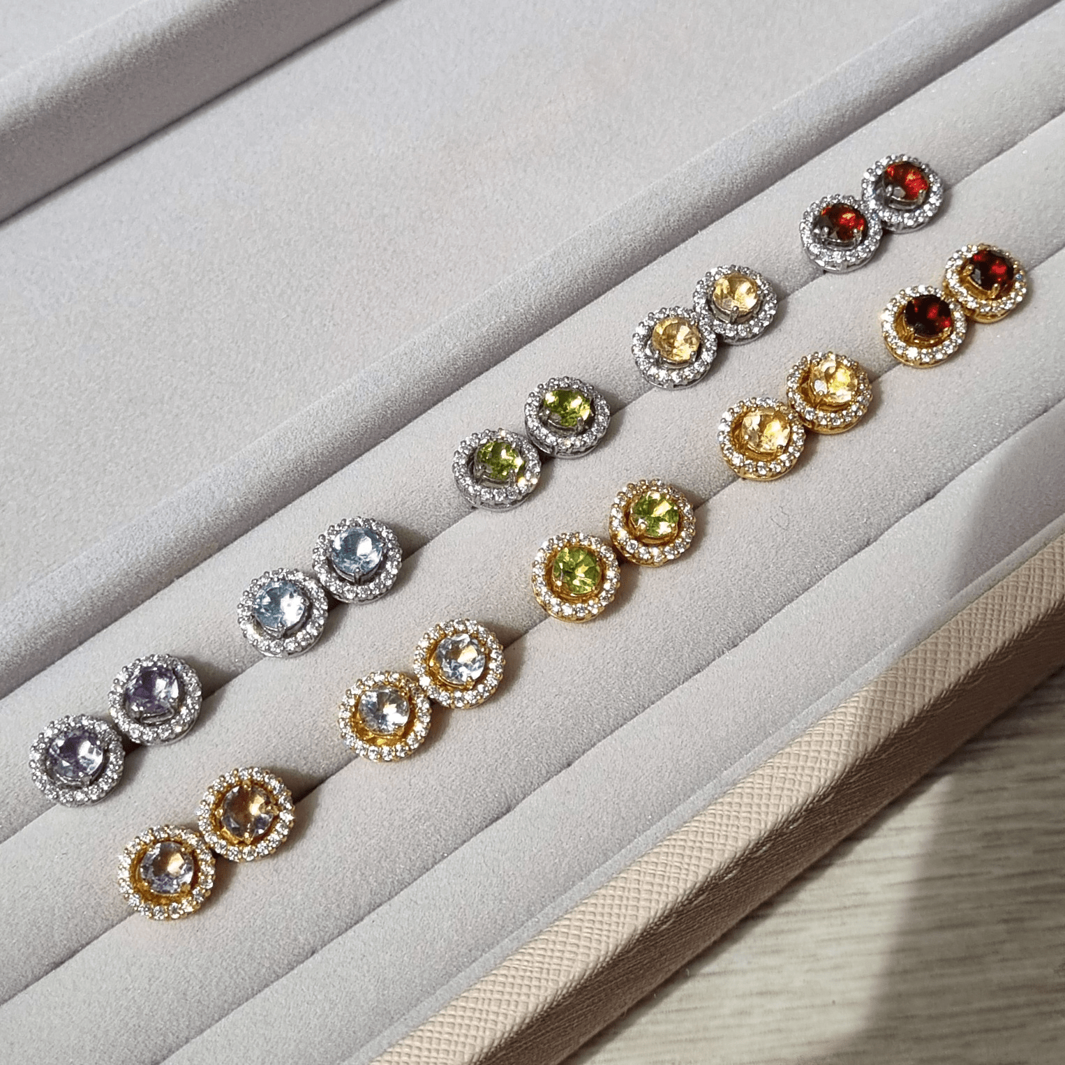 Garnet Halo Stud Earrings with Jackets in 18k Gold Vermeil - Vintress Fashion