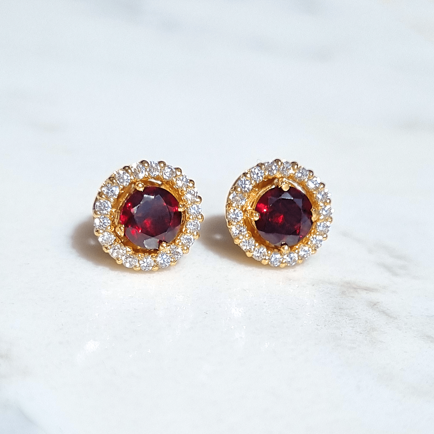 Garnet Halo Stud Earrings with Jackets in 18k Gold Vermeil - Vintress Fashion