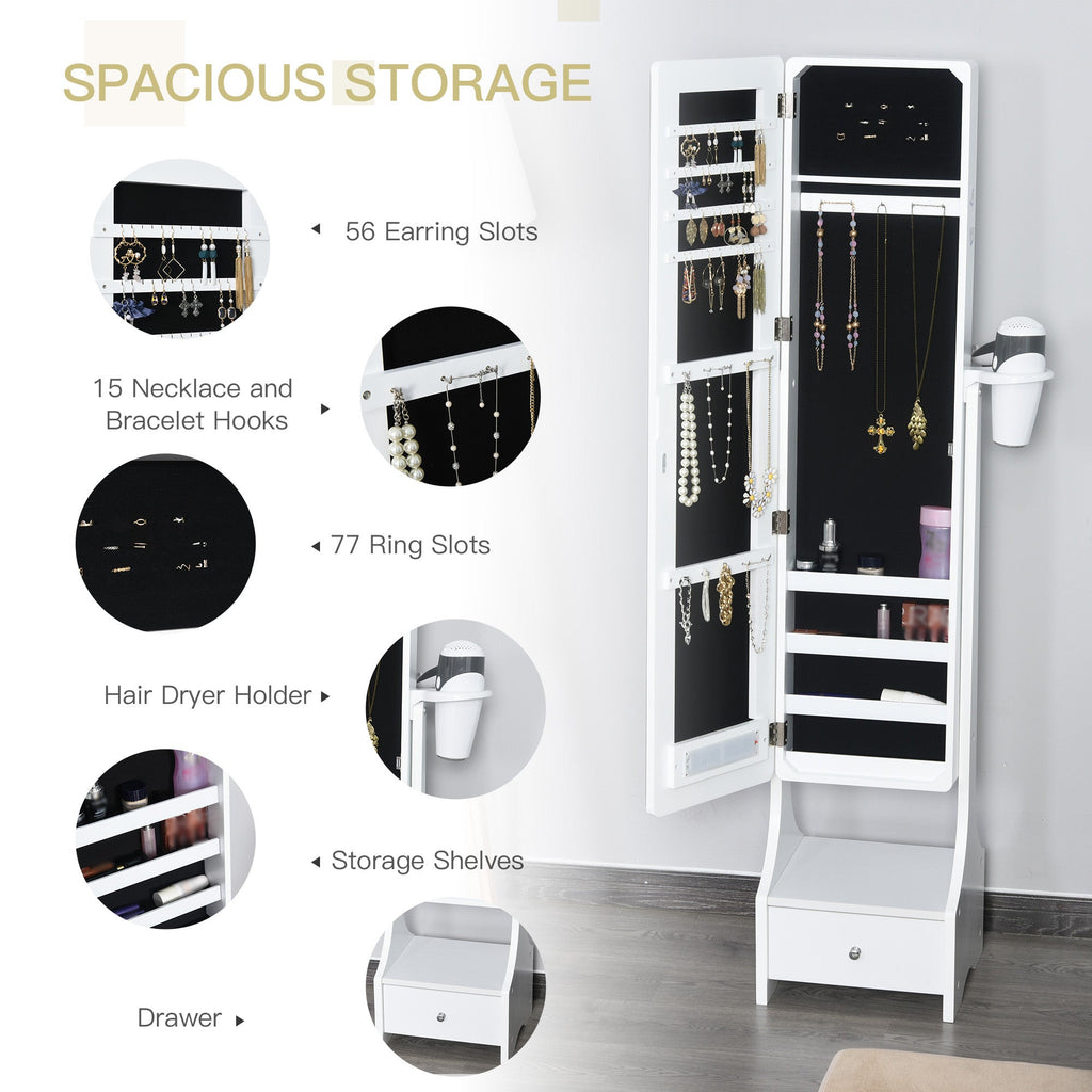 HOMCOM Freestanding Jewellery Storage Mirror Armoire with LED Lights, Hooks & Drawer