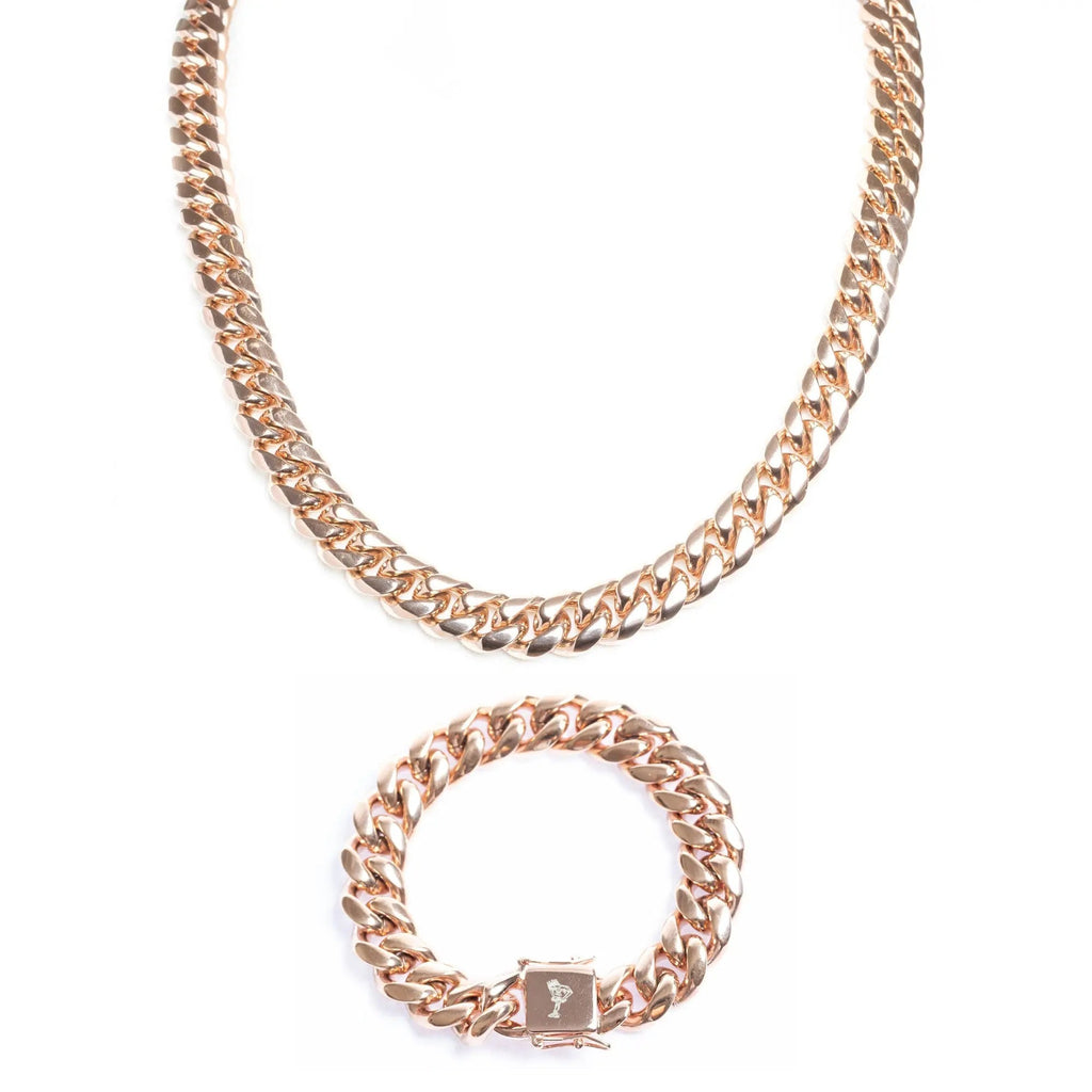 14mm Miami Cuban Link Chain + Bracelet - Rose Gold