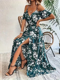 Ins Off-Shoulder Split Dress Summer Floral Print Suspender Long Dresses With Belt Design Women's Beach Clothing - Vintress Fashion