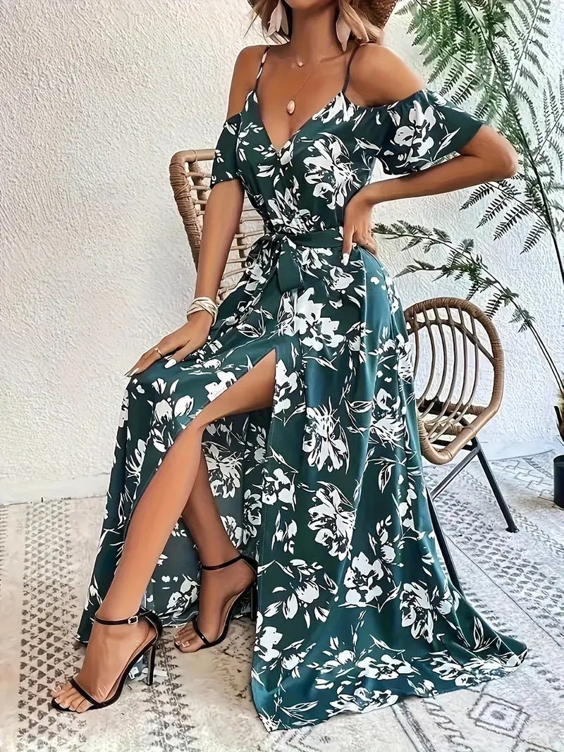 Ins Off-Shoulder Split Dress Summer Floral Print Suspender Long Dresses With Belt Design Women's Beach Clothing - Vintress Fashion