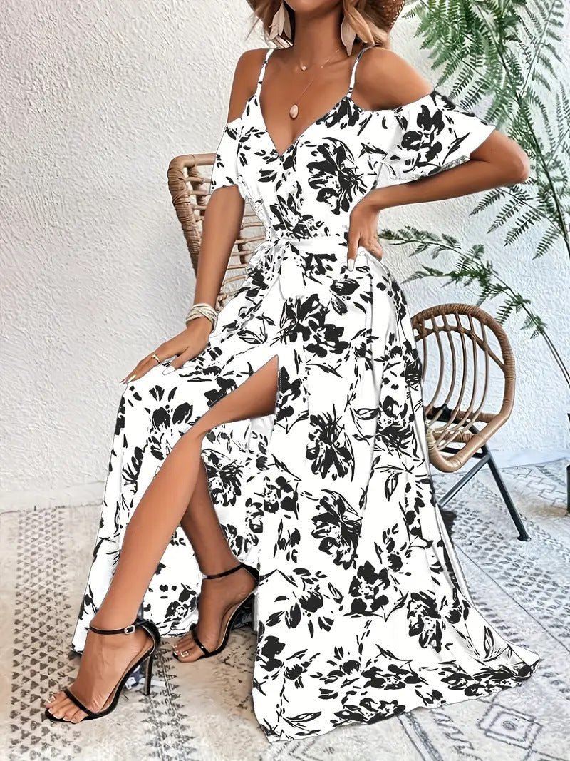 Ins Off-Shoulder Split Dress Summer Floral Print Suspender Long Dresses With Belt Design Women's Beach Clothing - Vintress Fashion