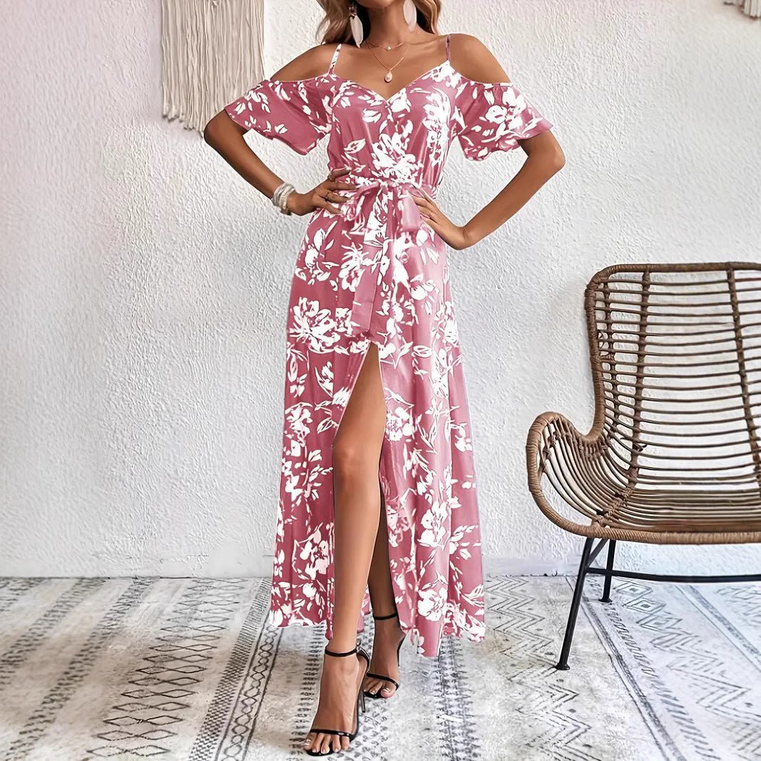 Ins Off-Shoulder Split Dress Summer Floral Print Suspender Long Dresses With Belt Design Women's Beach Clothing - Vintress Fashion