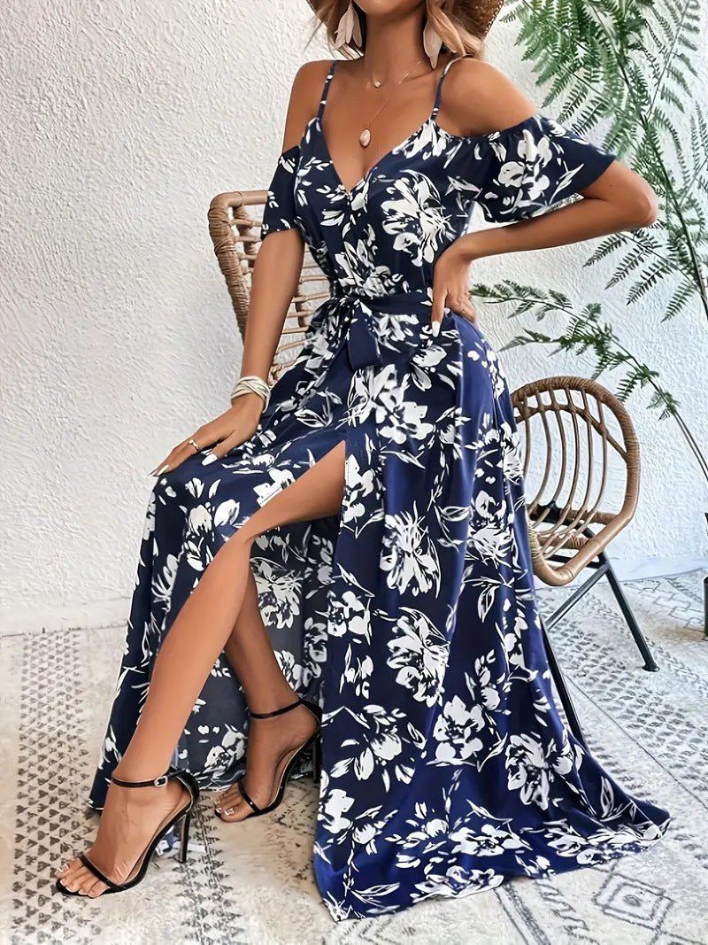 Ins Off-Shoulder Split Dress Summer Floral Print Suspender Long Dresses With Belt Design Women's Beach Clothing - Vintress Fashion