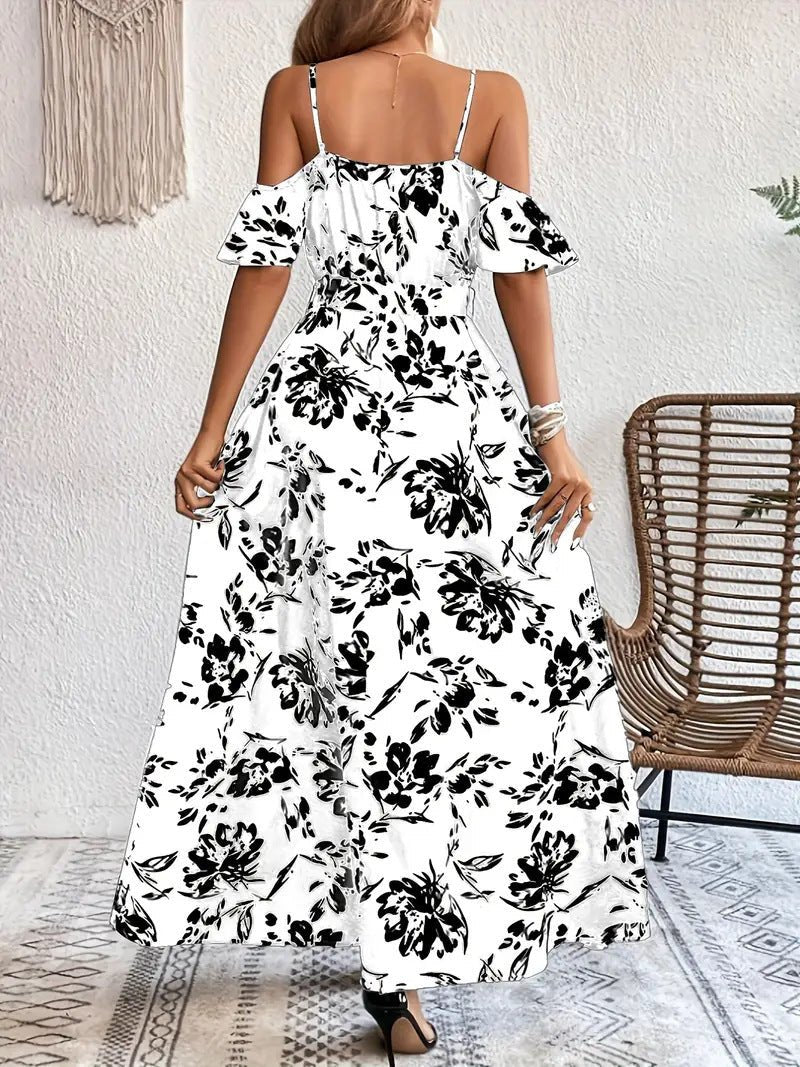 Ins Off-Shoulder Split Dress Summer Floral Print Suspender Long Dresses With Belt Design Women's Beach Clothing - Vintress Fashion