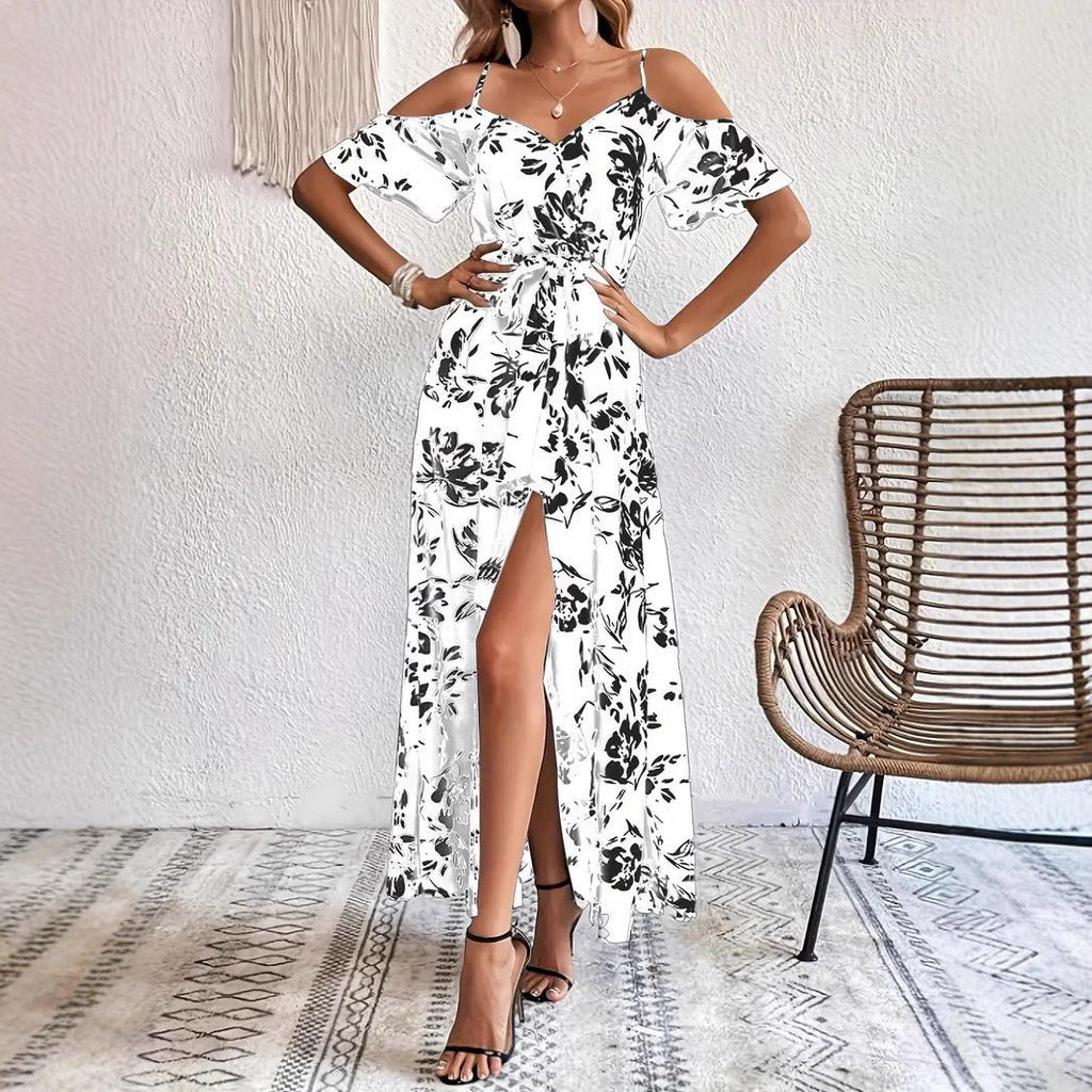 Ins Off-Shoulder Split Dress Summer Floral Print Suspender Long Dresses With Belt Design Women's Beach Clothing - Vintress Fashion