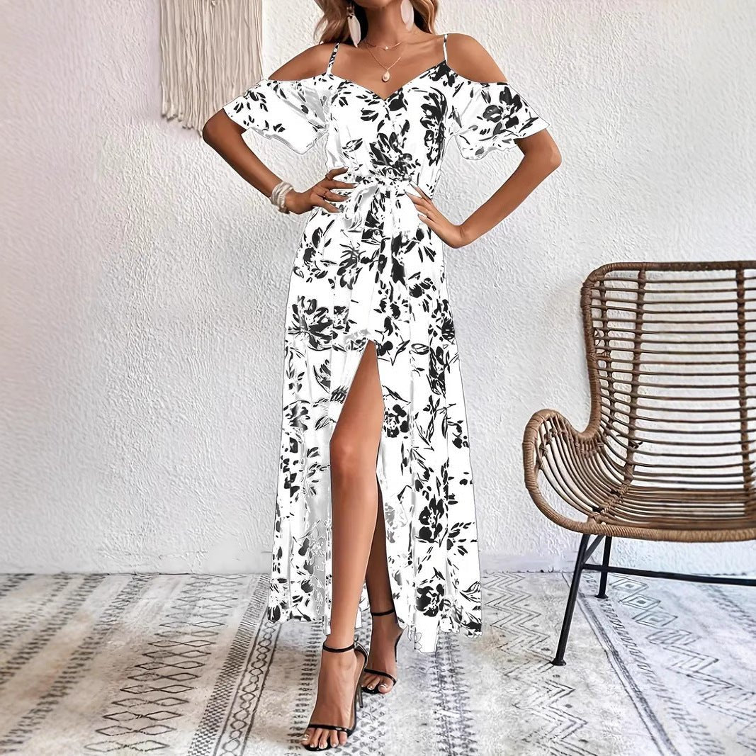 Ins Off-Shoulder Split Dress Summer Floral Print Suspender Long Dresses With Belt Design Women's Beach Clothing - Vintress Fashion
